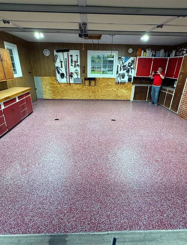 Epoxy coated garage floor with decorative flakes in Plain City, OH