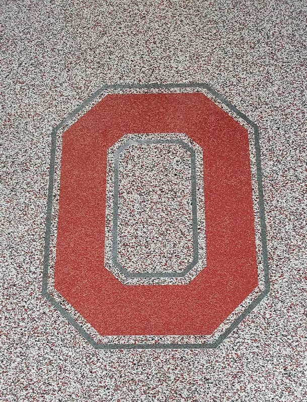 Ohio State themed epoxy garage floor in Columbus, OH